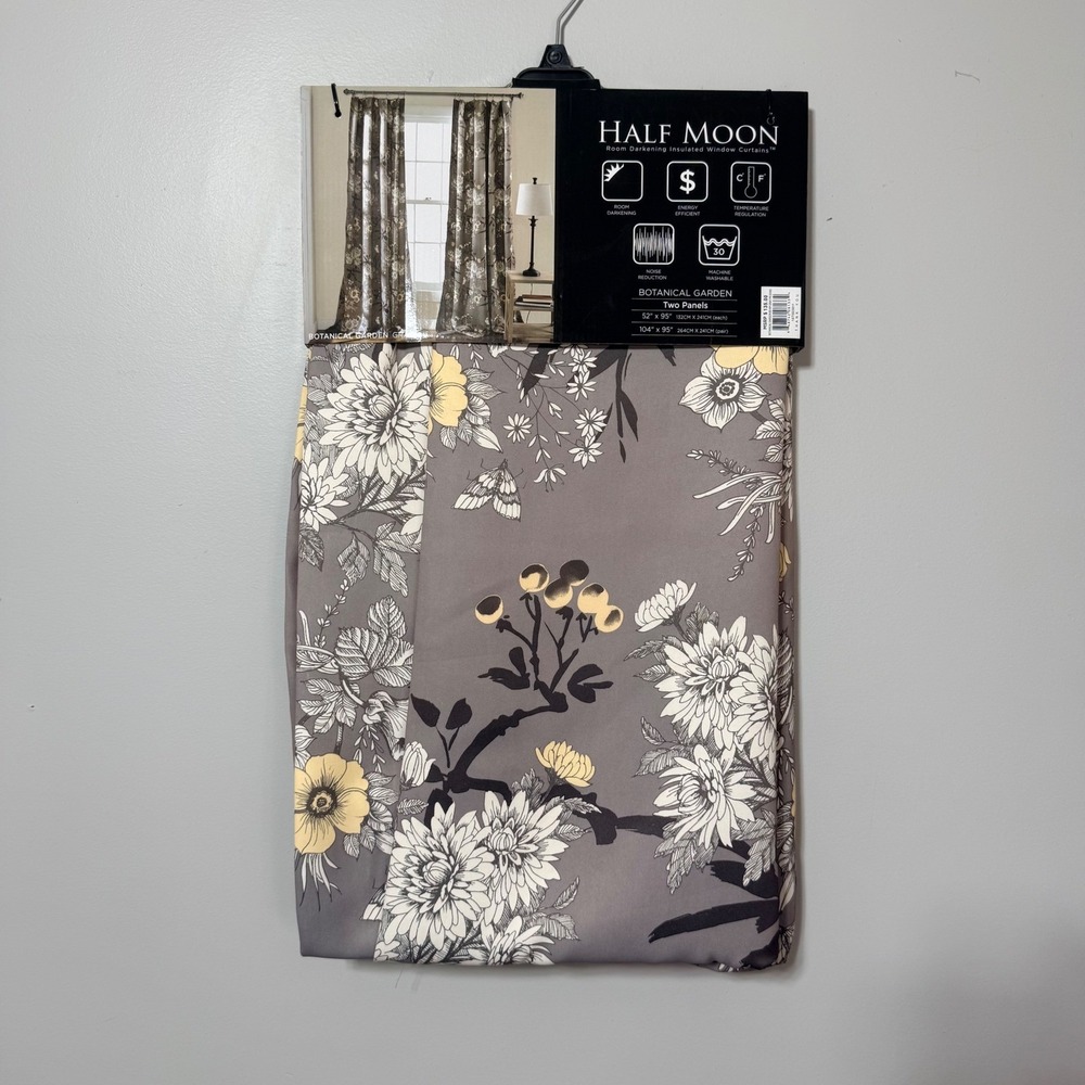 Half Moon Botanical Garden Curtains 52x95 Gray Floral Room Darkening 2 Panels